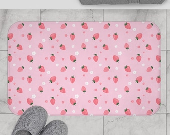 Pink Strawberry Bath Mat | Girls Bathroom Decor | Baby Pink Rug