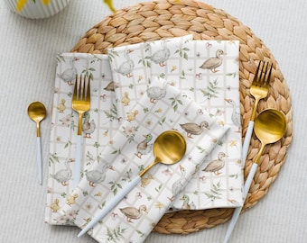 Watercolor Goose, Ducks & Reeds Napkins, Set of 4 Chequered Farmhouse Linen for Spring, Holidays, Parties, and Gifts