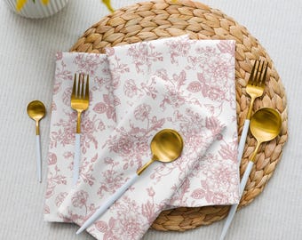 Dusty Rose Toile Cloth Napkins Set of 4, Vintage Floral Linens for Weddings, Showers, Birthdays, Soft Dinner Napkins for Special Occasions