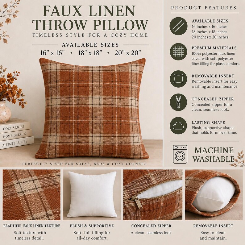 May include: A square faux linen throw pillow featuring a burnt orange and beige plaid pattern. The pillow includes a concealed zipper, a removable insert, and is machine washable. Available in 16x16, 18x18, and 20x20 inch sizes.