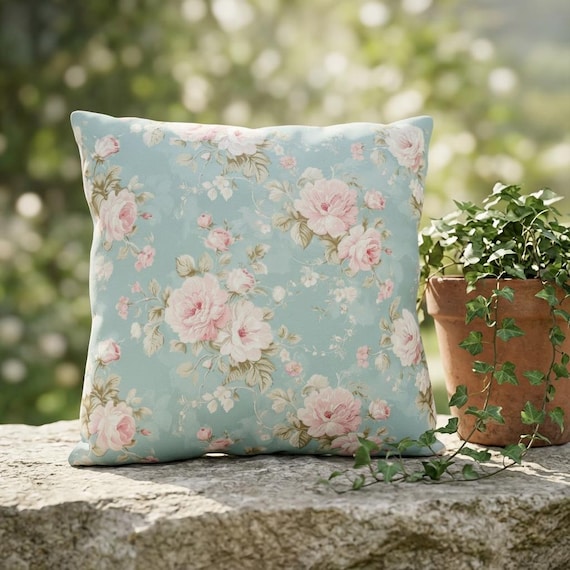 Shabby Chic Outdoor Pillow | French Country Rose | Toile Pillow | Victorian Outdoor Decor | Vintage Floral Pillow | Waterproof Throw Pillow