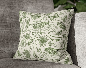 Vintage Rabbit Throw Pillow Cover | Green Toile | Cottagecore | Faux Suede | Botanical Pillow Cover | Forest | Floral | Spring Home Decor