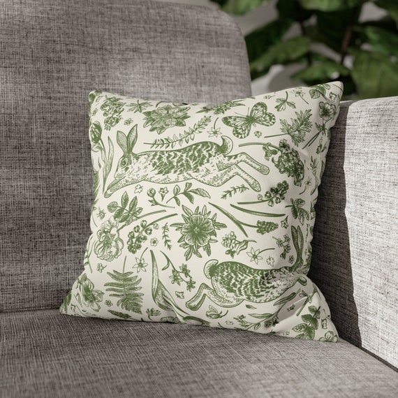 Vintage Rabbit Throw Pillow Cover Green Toile Cottagecore Faux Suede Botanical Pillow Cover Forest Floral Spring Home Decor Etsy Canada