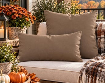 Warm Taupe Outdoor Pillow | Neutral Patio Throw Pillow | Farmhouse Porch Decor | Outdoor Cushion | Cottagecore Pillow | Beige Brown Pillow