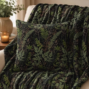 Vintage Botanical Pillow Cover & Throw Blanket Set, Forest Green Cottagecore Decor, Rustic Farmhouse Home Accent, Plant Fern Design