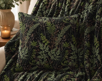 Vintage Botanical Pillow Cover & Throw Blanket Set, Forest Green Cottagecore Decor, Rustic Farmhouse Home Accent, Plant Fern Design