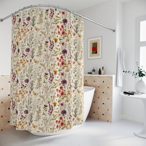 Vintage Botanical Wildflower Shower Curtain | Floral Bathroom Decor | Boho Chic | Rustic Farmhouse Style Shower Curtain | Nature Inspired