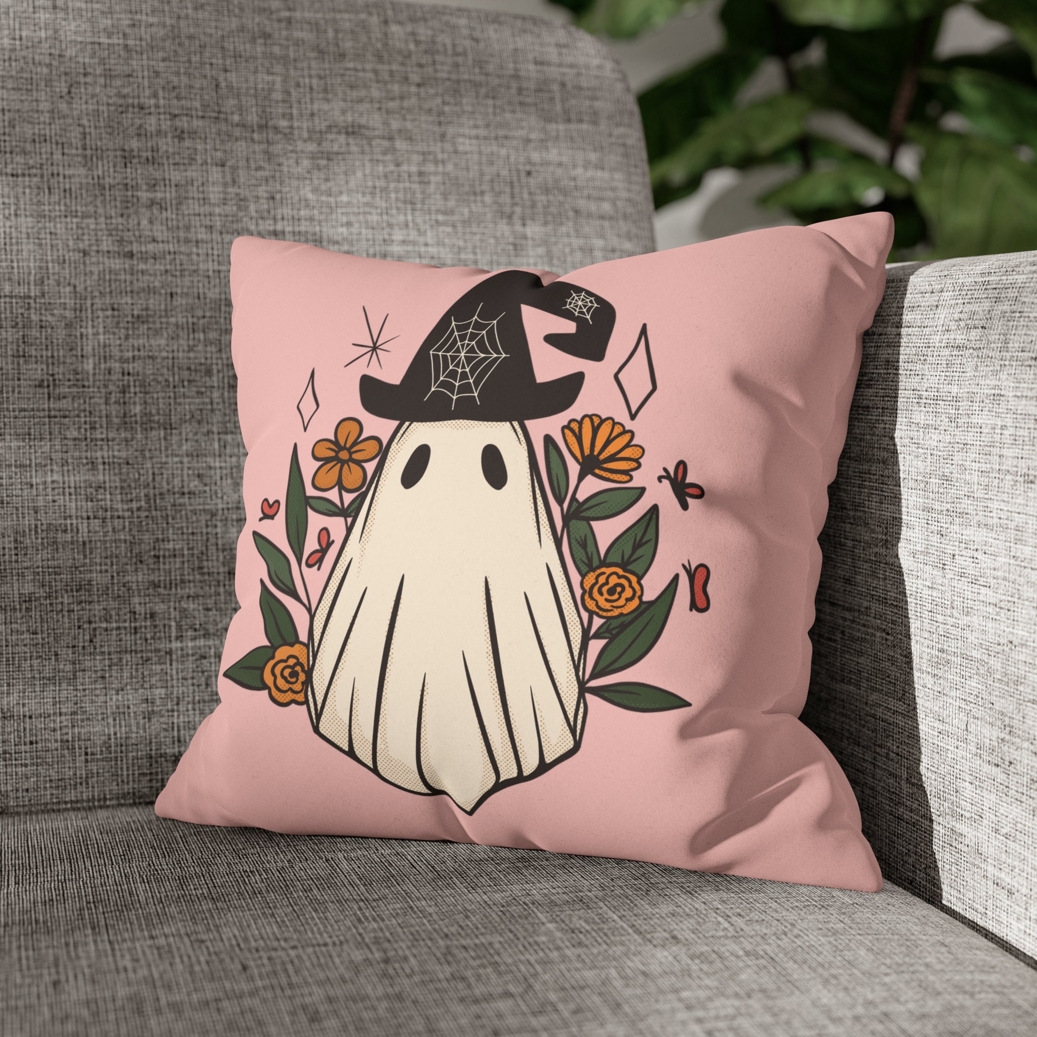 Ghost Throw Pillow Cover | Faux Suede | Floral | Pink Pillow Cover | Boho | Romantic | Whimsigoth | Gothic | Halloween Home Decor