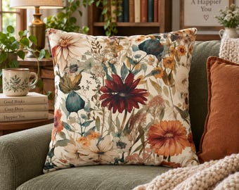 Vintage Floral Pillow Cover | Cottagecore Throw Pillow | Botanical Floral Decor | Fall Farmhouse Pillow | Autumn Wildflower Cushion Cover