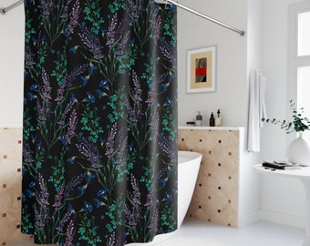 Lavender Floral Shower Curtain, Botanical Farmhouse Bathroom Decor, Wildflower Boho Shower Curtain, Rustic Bohemian Bath Decor