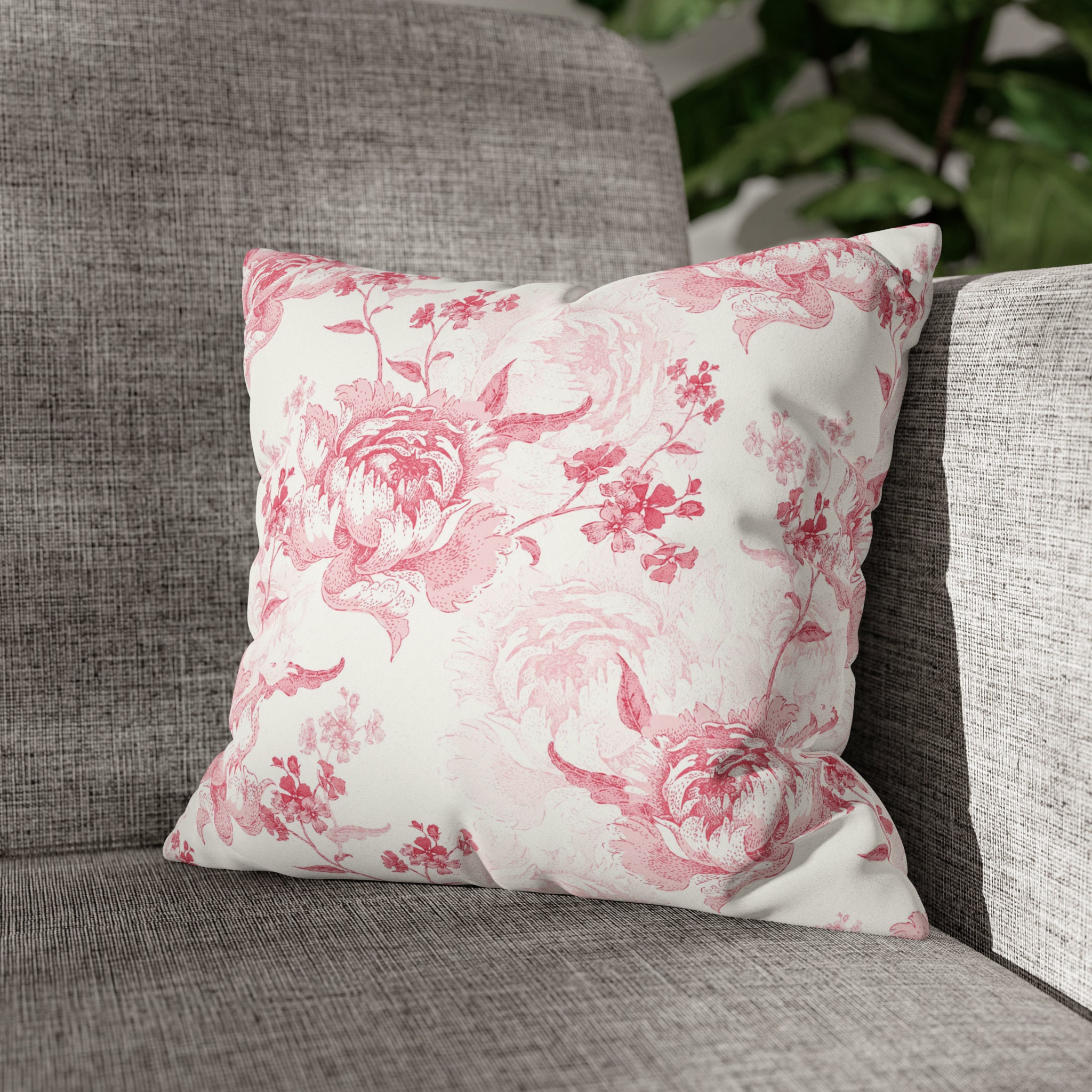 Pink Toile Throw Pillow Cover | 100% Microfiber Pillow Case | Faux Suede | Floral French Toile Pillow Cover | Boho Cottagecore Home Decor