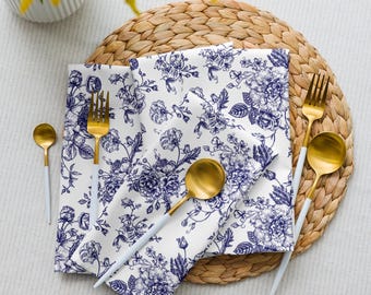 Servilletas de tela Toile azul marino, juego de 4, mantelería floral vintage para bodas, baby showers, cumpleaños, servilletas suaves para cenas en ocasiones especiales.