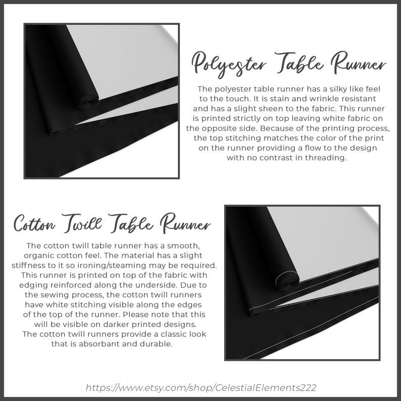 May include: Two black table runners, one polyester and one cotton twill, are shown side-by-side. The polyester runner has a silky feel and a slight sheen. The cotton twill runner has a smooth, organic cotton feel. Both runners are printed on top, leaving white fabric on the underside. The text "Polyester Table Runner" and "Cotton Twill Table Runner" is displayed above each runner.