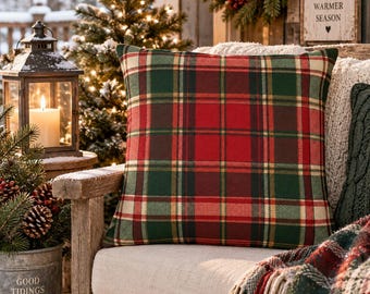 Christmas Plaid Outdoor Pillow | Red Green Tartan Throw Pillow | Rustic Farmhouse Holiday Porch Decor | Waterproof Patio Cushion Cover