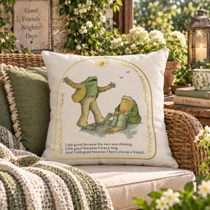 Cojín de exterior con diseño de rana y sapo / Cojín estilo cottagecore / Cojín de exterior con temática literaria / Decoración de patio original / Regalo clásico para amantes de los libros / Cojín impermeable imagen 1