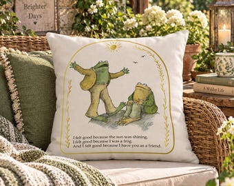 Cojín de exterior con diseño de rana y sapo / Cojín estilo cottagecore / Cojín de exterior con temática literaria / Decoración de patio original / Regalo clásico para amantes de los libros / Cojín impermeable