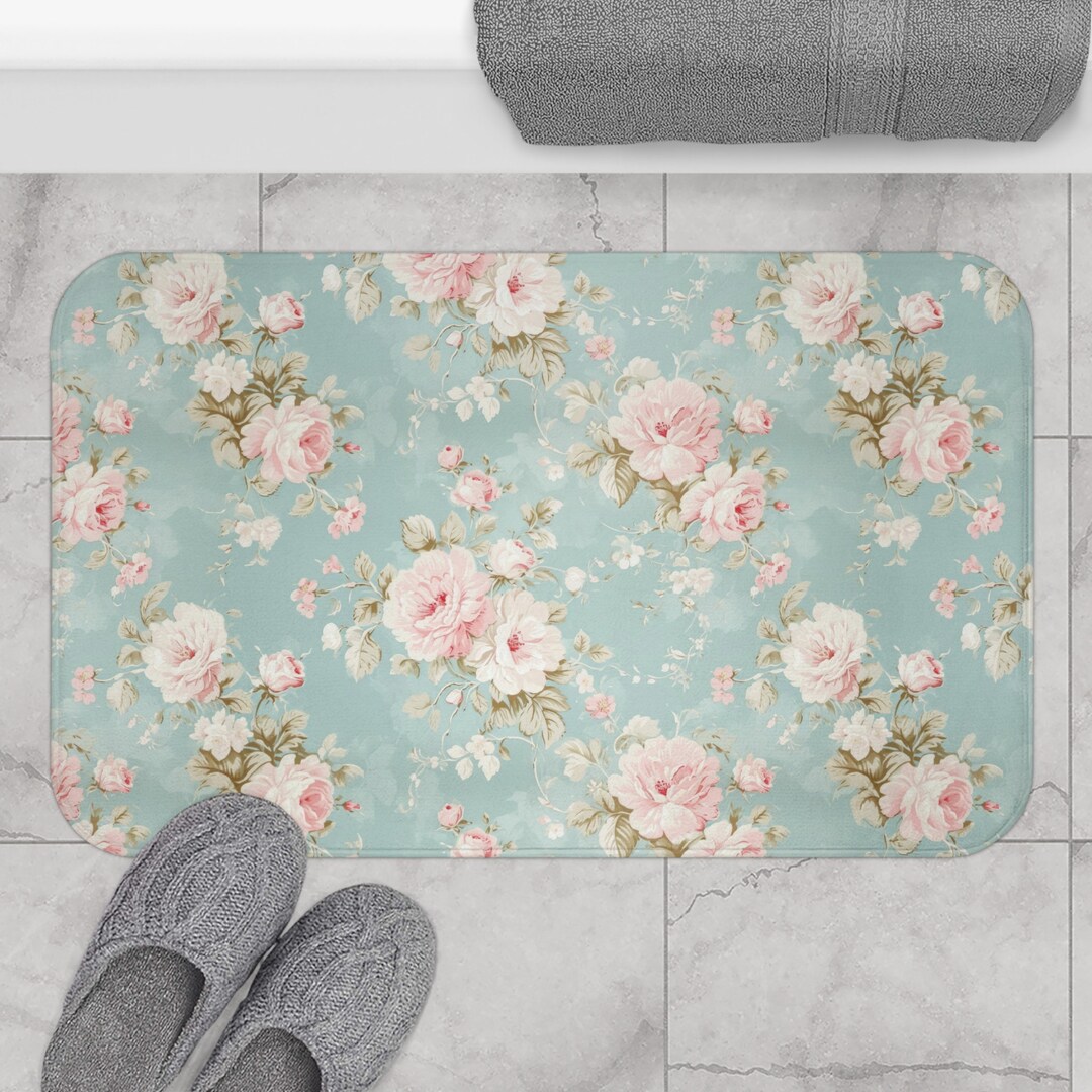 Floral Bath Mat French Country Rose Toile Victorian Decorative Vintage Botanical Spring Summer