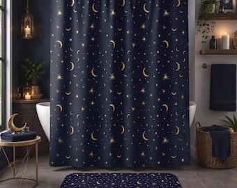 Moon & Stars Shower Curtain and Bath Mat Set | Celestial Bathroom Decor | Witchy Boho Shower Curtain | Navy Gold Bath Mat | Mystical Decor