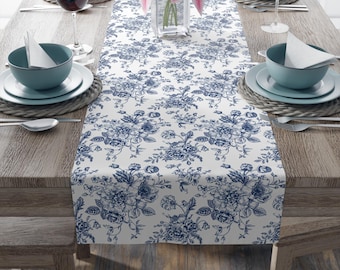 Vintage Blue Toile Table Runner, Vintage Floral Linens for Weddings, Showers, Birthdays & Special Occasions