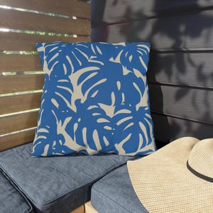 Blue Palm Leaf Outdoor Pillow | Summer Patio Pillow | Tropical Pillow | Boho Country Farmhouse Outdoor Pillow | Waterproof Outdoor Cushion
