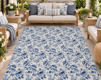 Blue French Toile Indoor/Outdoor Rug, Vintage Floral Patio Rug, Cottagecore Farmhouse Porch Decor, Victorian Garden Rug, Water Resistant