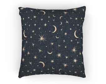 Vintage Celestial Woven Pillow | Moon and Stars Print | Bohemian Throw Pillow | Boho Decor | Woven Cushion | Witchy Pillow Home Decor Gift