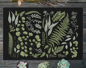 Black Botanical Doormat | Indoor/Outdoor Mat | Welcome Mat | Vintage | Fern | Eucalyptus | Floral Doormat | Cottagecore Doormat | Boho Rug