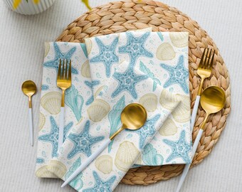 Beach Theme Cloth Napkins Set of 4, Vintage Ocean Linens for Weddings, Showers, Birthdays, Soft Dinner Napkins for Special Occasions