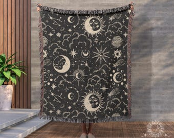 Vintage Celestial Woven Blanket | Moon and Stars Print | Bohemian Throw Blanket | Boho Decor | Woven Tapestry | Witchy Rug Home Decor Gift
