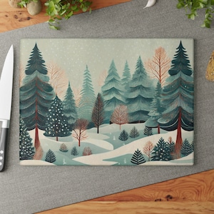 Rustic Winter Forest Cutting Board | 11&quot; x 15&quot; | Glass Cutting Board | Pine Trees | Snow | Christmas Kitchen Decor | Housewarming Gift