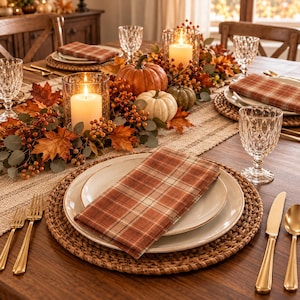 May include: A table setting featuring a woven round placemat, a white ceramic plate, and a folded orange and brown plaid napkin. The centerpiece includes glass candle holders with white pillar candles, pumpkins, and autumn leaves.
