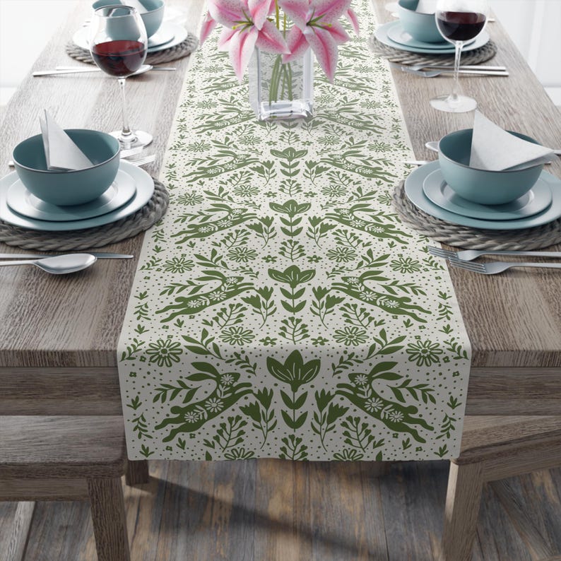 Vintage Rabbit Table Runner | Scandinavian Table Runner | Spring Table Runner | Botanical Print | Easter Table Runner | Poly Cotton Linens image 2