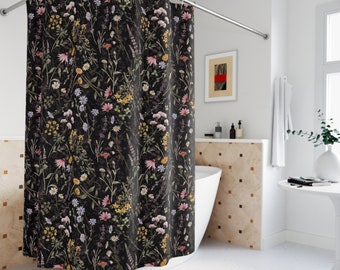 Dark Floral Shower Curtain | Cottagecore Bath Decor | Farmhouse Shower Curtain | Botanical Bath Decor | Boho Shower Curtain | Wildflowers