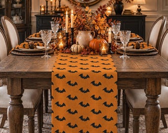 Halloween Bat Table Runner | Orange Black Halloween Decor | Spooky Table Decor | Fall Table Runner | Gothic Farmhouse Table Linens