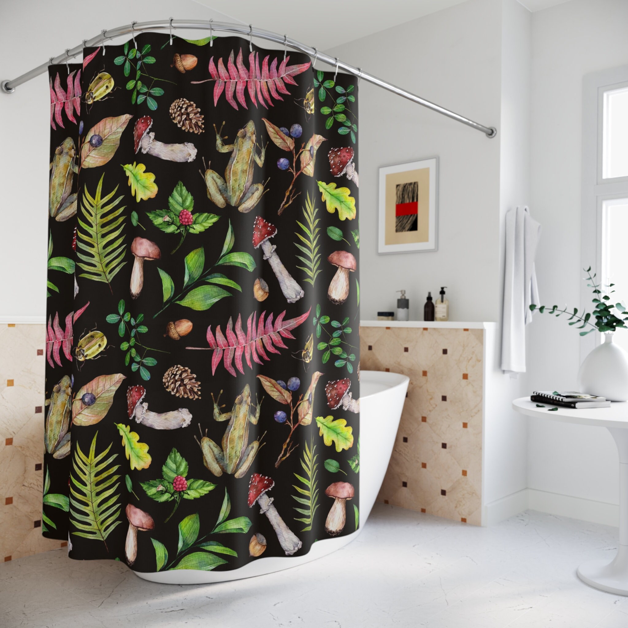 Cottagecore Shower Curtain | Botanical Shower Curtain | Frog | Mushroom | Forest Witch Fairycore Shower Curtain | Nature | Plants
