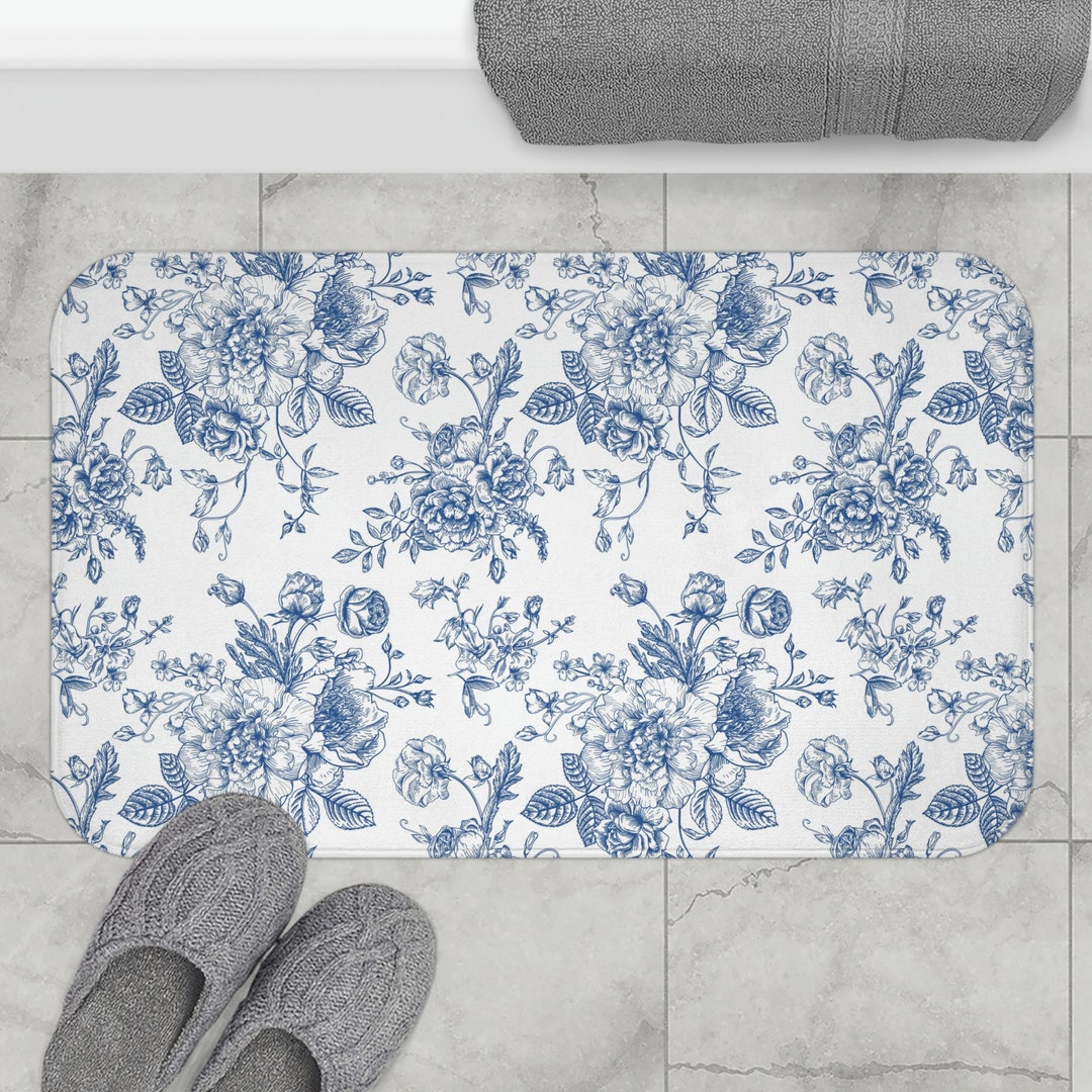 Blue Floral Bath Mat Cottagecore Bath Mat Toile Bath Mat Farmhouse Bath