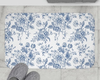 Blue Floral Bath Mat | Cottagecore Bath Mat | Toile Bath Mat | Farmhouse Bath Decor | Boho Bath Mat | Victorian Bathroom Decor | Memory Foam