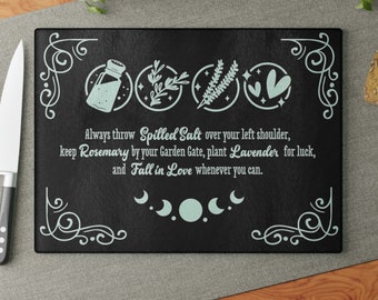 Practical Magic Glass Cutting Board | Always Throw Spilled Salt | Salt Rosemary Lavender | Witch Kitchen Decor | Witchy Cutting Board