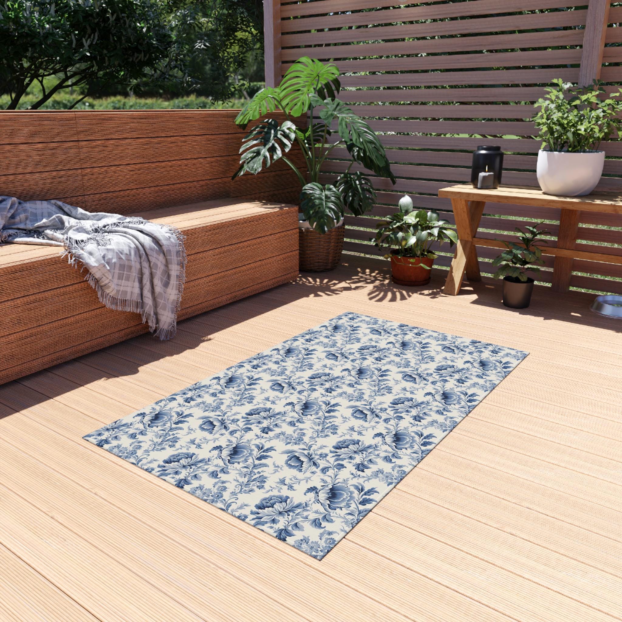 French Toile Indoor/outdoor Rug | Blue Floral Patio Rug | Victorian Rug ...