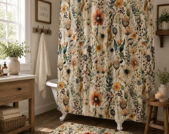Botanical Shower Curtain & Bath Mat Set, Wildflowers Cottagecore Decor, Whimsical Floral Bathroom Accessories, Boho Wildflower Bath Decor