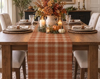Rustic Plaid Table Runner, Fall Table Decor, Farmhouse Thanksgiving Table Runner, Autumn Dining Decor, Orange Tartan Holiday Table Runner