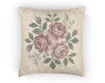 Vintage Floral Woven Pillow with Cross Stitch Print, Shabby Chic Cottagecore Farmhouse Decor, Faux Suede Cushion Case with Concealed Zipper
