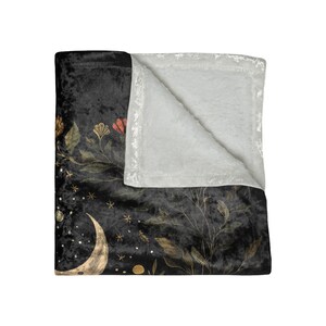 Moody Black Botanical Velvet Blanket Wildflowers Boho Cottagecore Blanket Herbs & Plants Vintage Floral Print Whimsical Home Decor Gift image 3