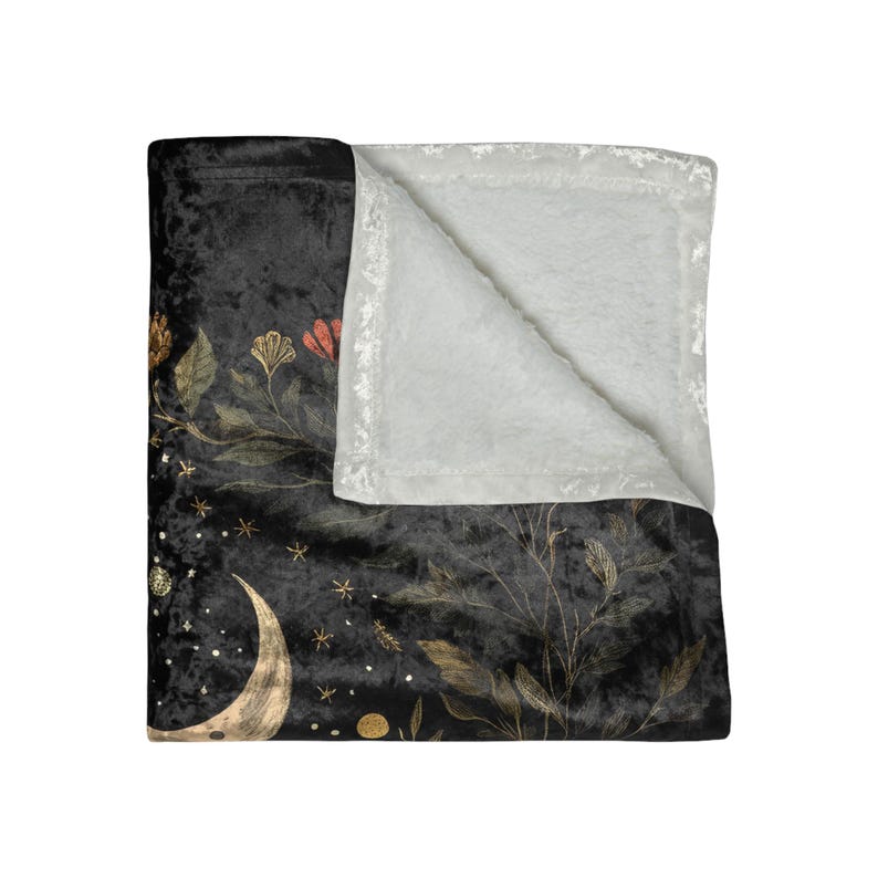 Moody Black Botanical Velvet Blanket Wildflowers Boho Cottagecore Blanket Herbs & Plants Vintage Floral Print Whimsical Home Decor Gift image 3