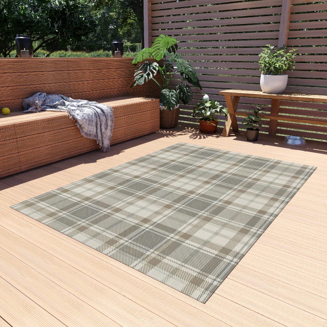Simple Neutral Rug Plaid Neutral Plaid Indoor Outdoor Rug, Rustic Farmhouse Water Resistant Rug ...