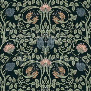 May include: A seamless pattern featuring a dark teal background with a repeating floral design. The pattern includes stylized flowers in peach and blue-gray, along with green leaves and vines. The overall design has a vintage, botanical aesthetic.