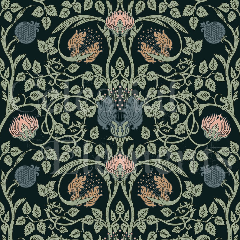 May include: A seamless pattern featuring a dark teal background with a repeating floral design. The pattern includes stylized flowers in peach and blue-gray, along with green leaves and vines. The overall design has a vintage, botanical aesthetic.