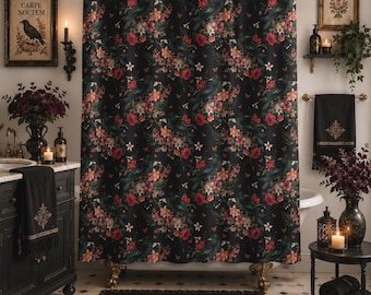 Dark Academia Raven Shower Curtain, Moody Floral Bathroom Decor, Gothic Botanical Bath Curtain, Whimsigoth Bathroom