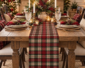 Christmas Plaid Table Runner, Red Green Tartan Holiday Table Decor, Rustic Farmhouse Christmas Table Runner, Cottagecore Dining Decor