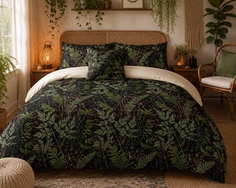 Vintage Botanical Duvet Cover Set, Forest Green Cottagecore Bedding, Fern Bedroom Decor, Rustic Farmhouse Bedroom Accessories